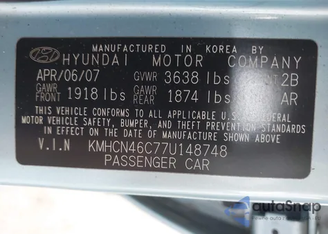 2007 Hyundai Accent Gls z USA, uszkodzony, nr VIN KMHCN46C77U148748